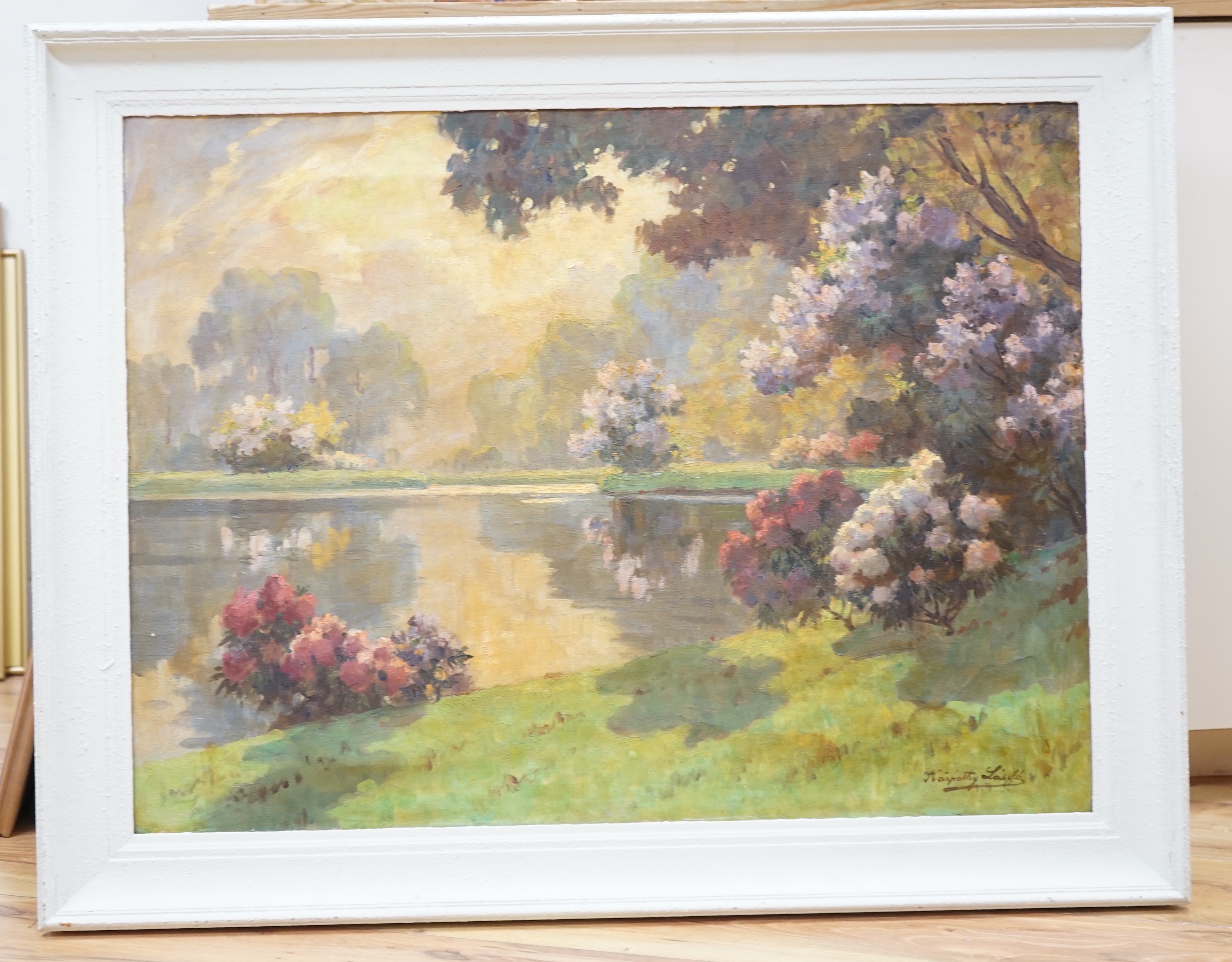 Impressionist oil on canvas, Lakeside landscape with flowers, indistinctly signed, 79 x 59cm